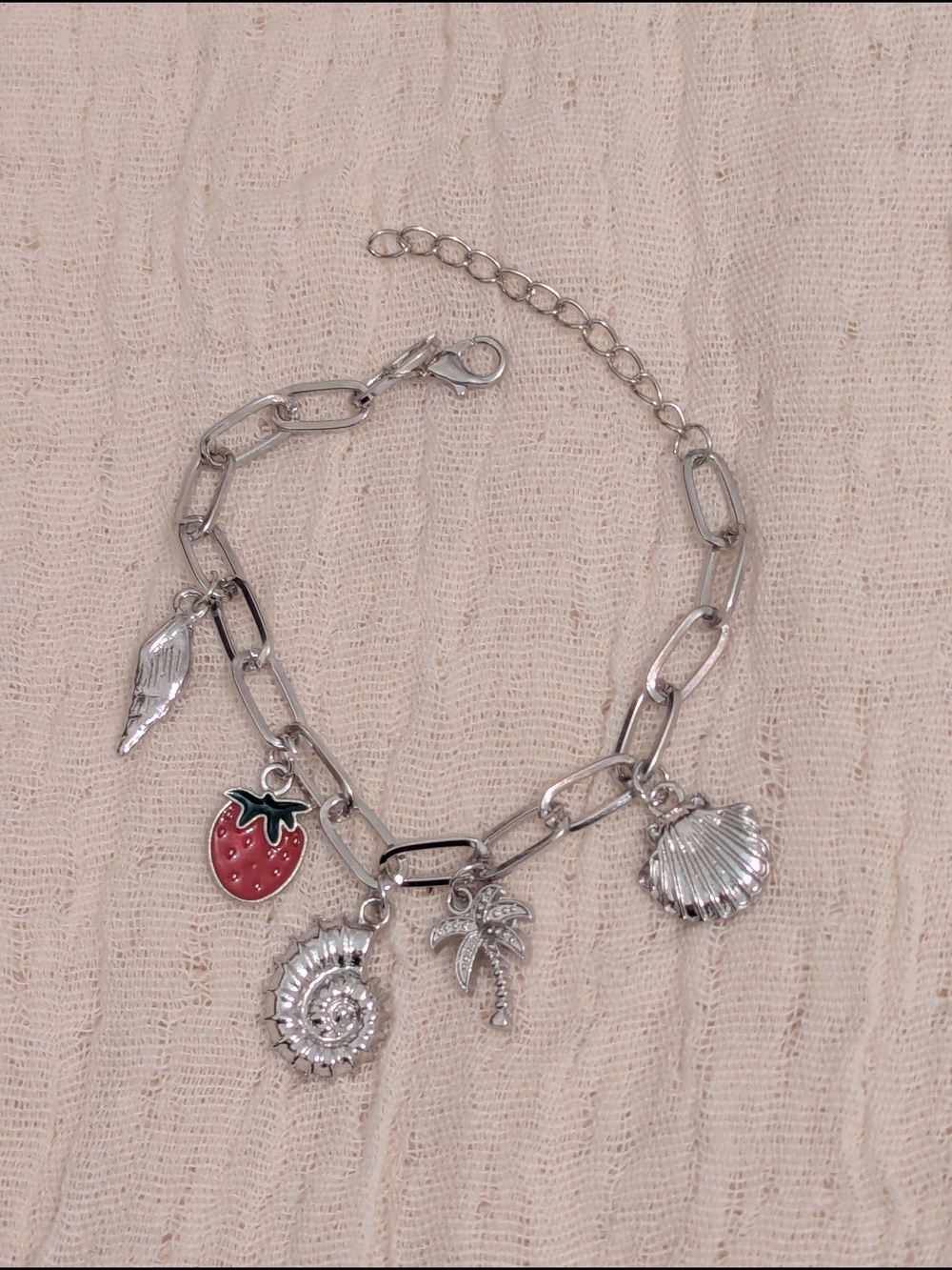 Silver Charm Link Bracelet with Red Strawberry Accent